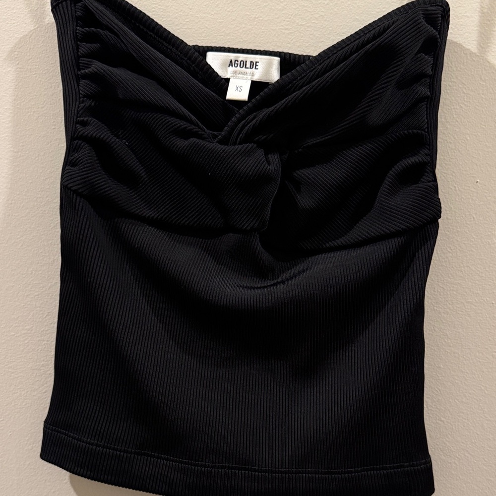 Agolde Black Ribbed Twist Front Strapless Top
